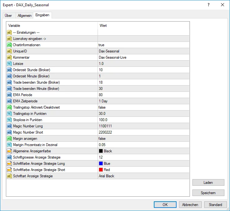 Expert Advisor Settings Seasonal Dax