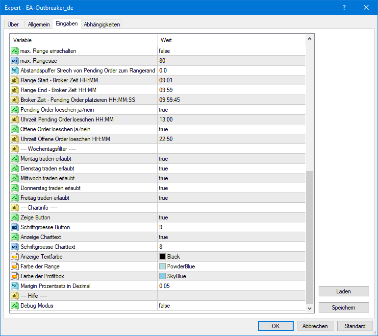 Expert Advisor Open Range Breakout (ORB) Settings German