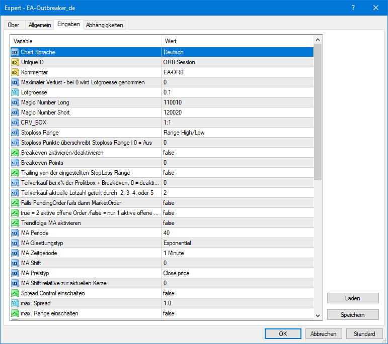 Expert Advisor Open Range Breakout (ORB) Settings German